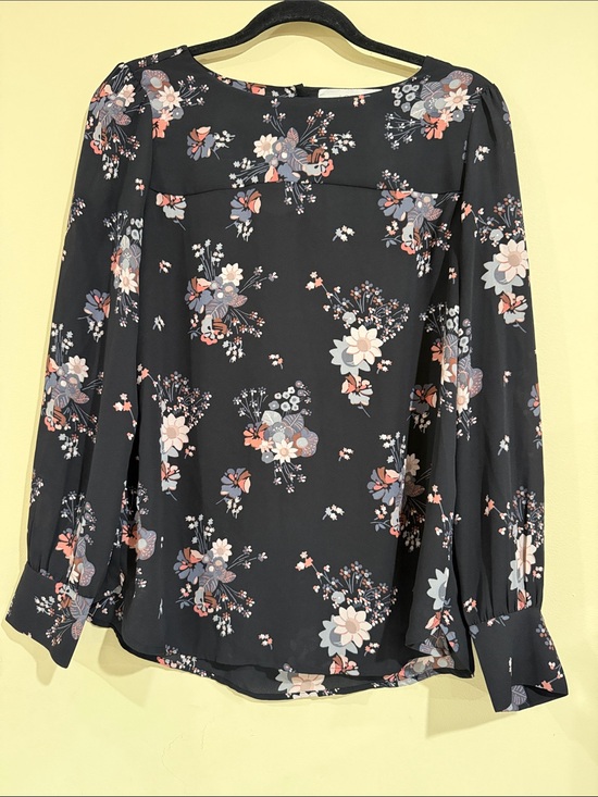 LOFT Tops - LOFT Black Floral Long-Sleeve Blouse with Pink & Cream Accents size medium